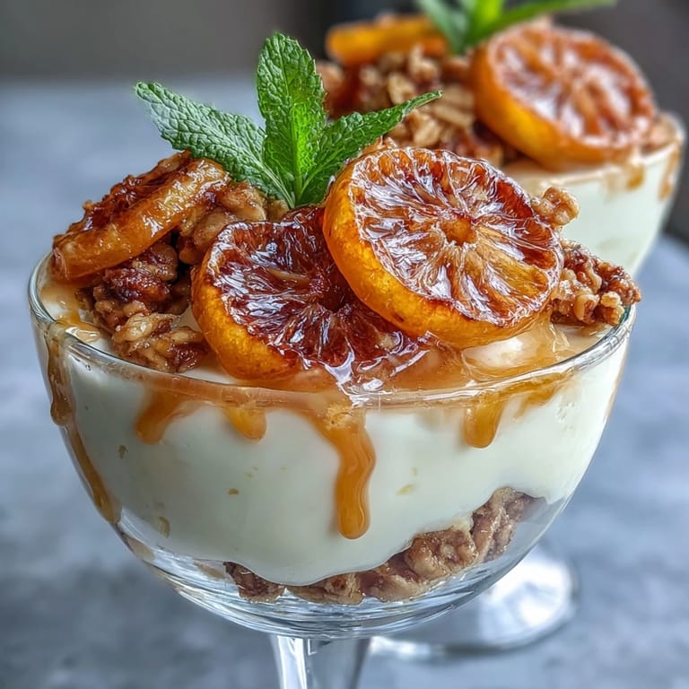 Creamy Greek yogurt layered with sweet candied oranges and crunchy granola, a refreshing and healthy treat.