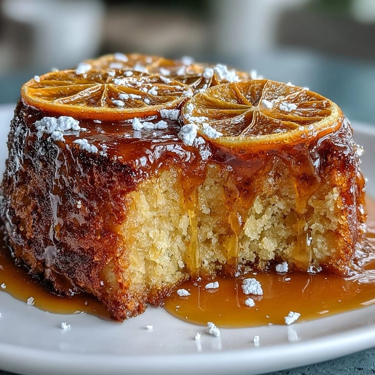 Elegant Mediterranean-style cake with candied orange garnish, almond flour base, and olive oil, served dusted with powdered sugar.