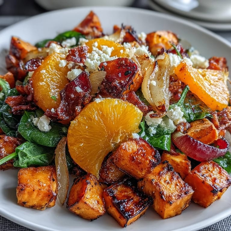 Easy sheet pan breakfast hash with caramelized sweet potatoes, juicy orange segments, and savory spices.