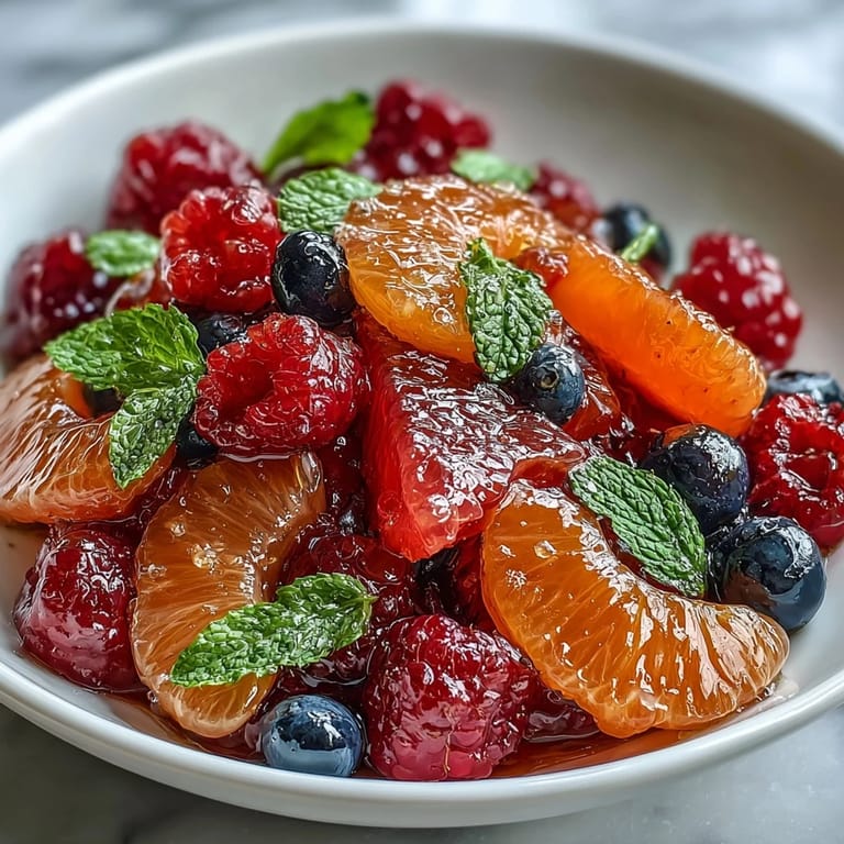 Vibrant citrus and berry medley drizzled with honey-mint dressing, served in a white bowl for a bright brunch presentation.  