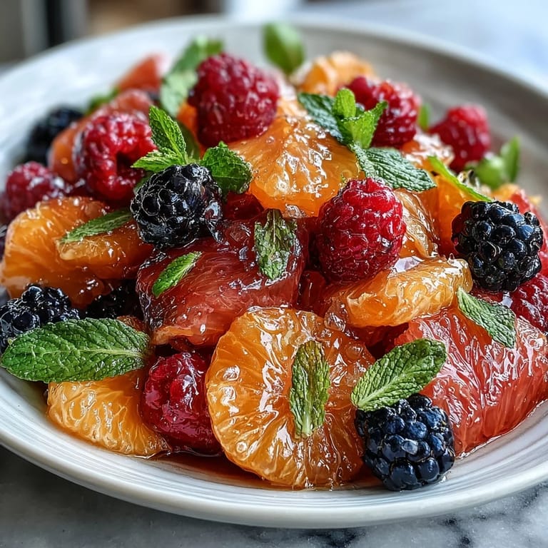 Refreshing spring salad featuring orange, grapefruit, and mixed berries, garnished with mint leaves for a burst of flavor and color.