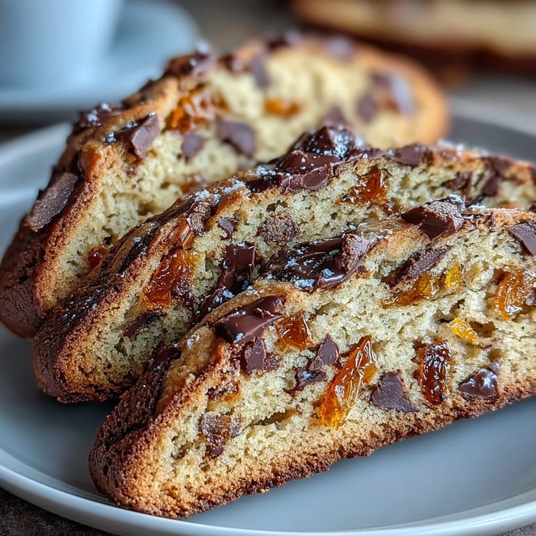 Classic biscotti slices studded with sweet candied orange peel and decadent dark chocolate pieces.