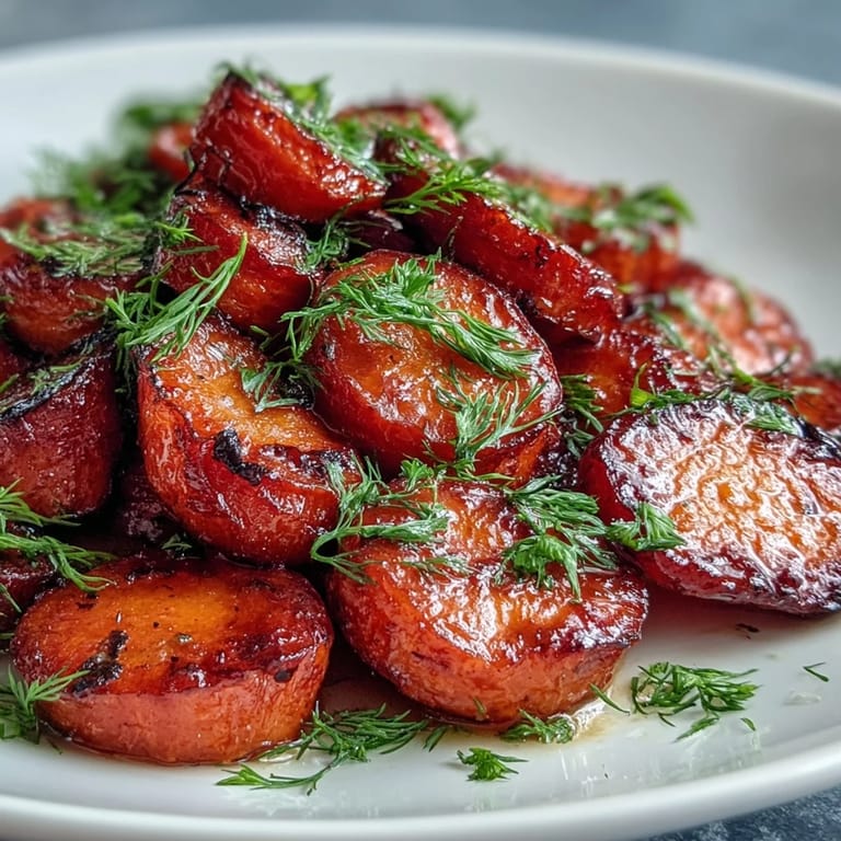 Orange honey glazed carrots with fresh dill, showcasing glossy vegetables in a warm, inviting skillet presentation.
