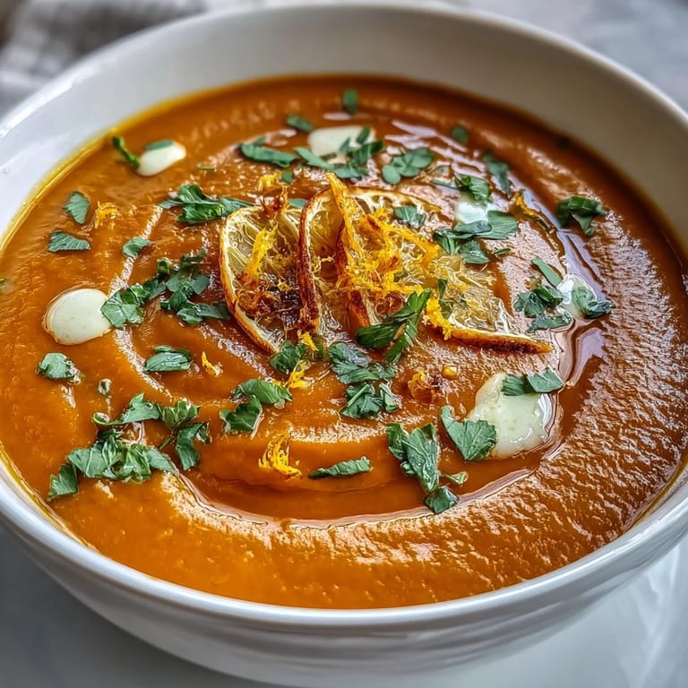 Warming carrot and orange soup with ginger, blended smooth with coconut milk and served with a swirl of cream.