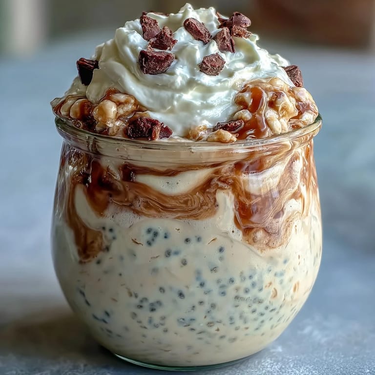 Vanilla-infused overnight oat jar with a coffee twist, perfect for a refreshing breakfast on busy mornings.