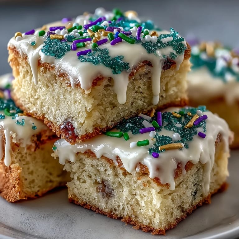 Soft and buttery King Cake sugar cookie bars drizzled with colorful icing, perfect for sharing at parties.  