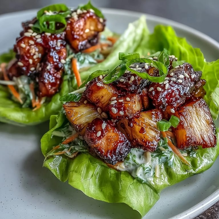 Homemade teriyaki-glazed chicken with pineapple, bell peppers, and herbs in fresh lettuce cups.