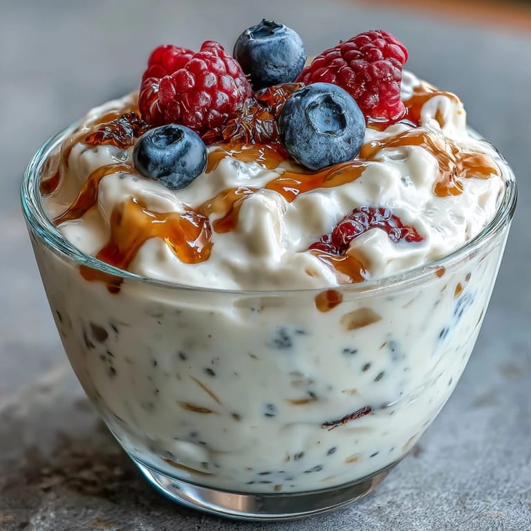 Creamy chia pudding with Greek yogurt, vanilla bean seeds, and a drizzle of honey served in a clear glass.
