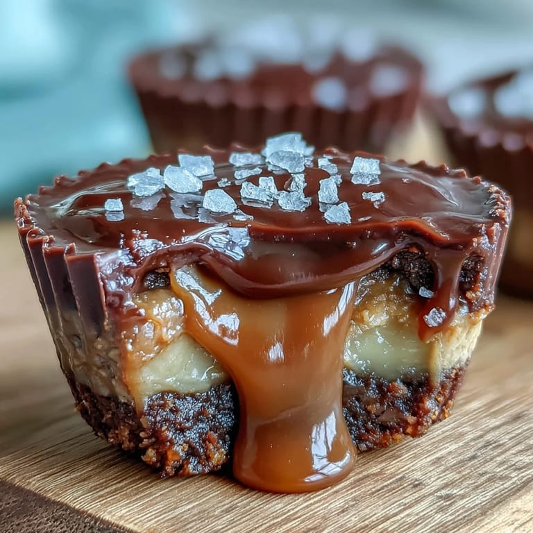 Homemade peanut butter cups filled with gooey salted caramel and smooth peanut butter.