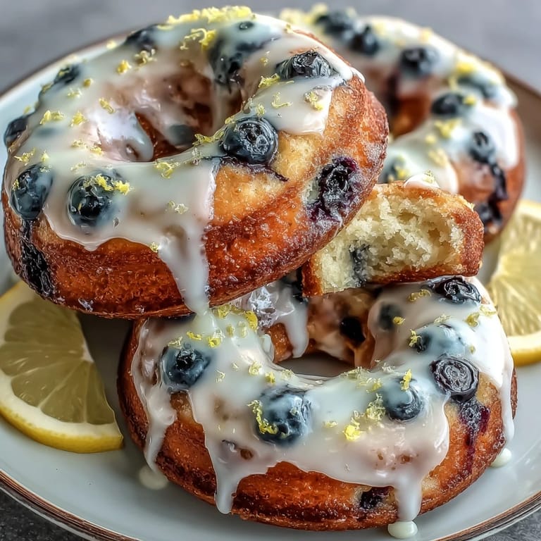 Fluffy, naturally leavened donuts infused with lemon zest and fresh blueberries, baked until golden and finished with a bright lemon glaze.