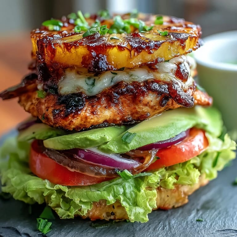 Hearty grilled chicken and pineapple stacks topped with lettuce, avocado, and melted cheese for a fresh burger twist.  