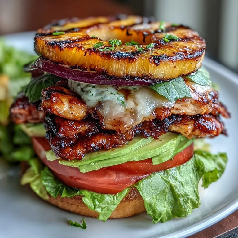 Sizzling grilled chicken pineapple burger stacks featuring smoky chicken, sweet pineapple, and vibrant veggies—perfect for a lighter meal.