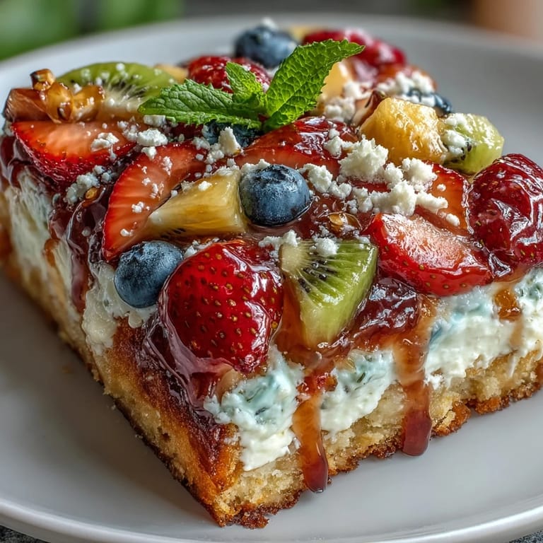 Vibrant dessert featuring a chewy sugar cookie base layered with tangy cream cheese frosting and an array of seasonal fruits.