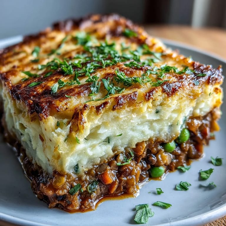 Creamy mashed potatoes crown a savory filling of lentils, mushrooms, and vegetables in this comforting Shepherds Pie.  
