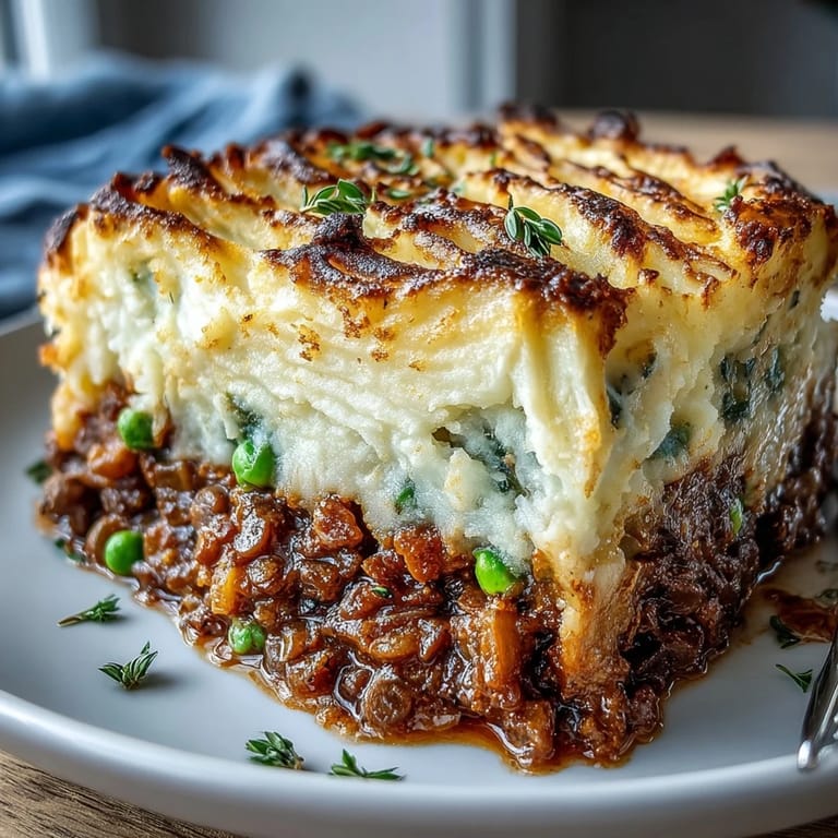 Rich and satisfying vegetarian Shepherds Pie featuring tender lentils, earthy mushrooms, and a buttery potato topping.