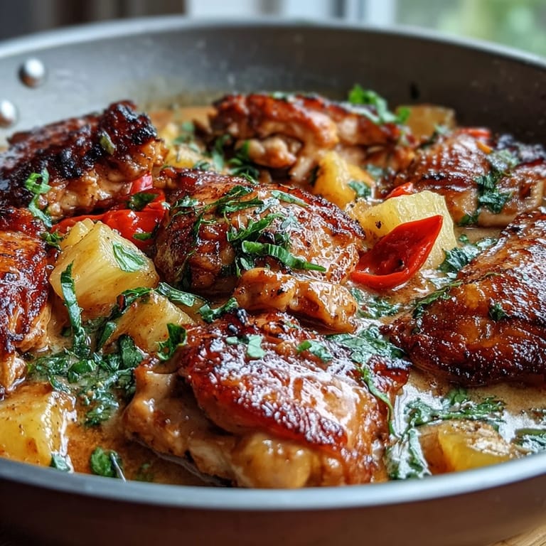 Easy one-pan chicken pineapple coconut curry featuring tender chicken simmered in fragrant spices and tropical coconut milk.