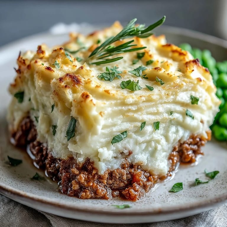 Golden-brown shepherds pie featuring rich lamb filling and a lighter cauliflower mash for a satisfying, low-carb twist.