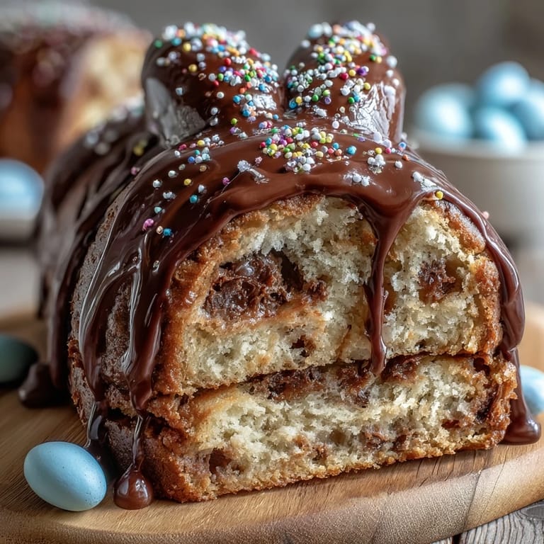 Whimsical bunny-shaped cake reveals colorful sprinkles inside, frosted with creamy buttercream and decorated for Easter fun.  