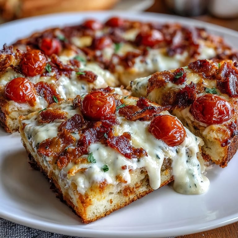 Savory Kentucky Hot Brown flatbread pizza features melty cheese, crumbled bacon, and rich Mornay sauce on a crispy crust, ideal for weeknight dinners.