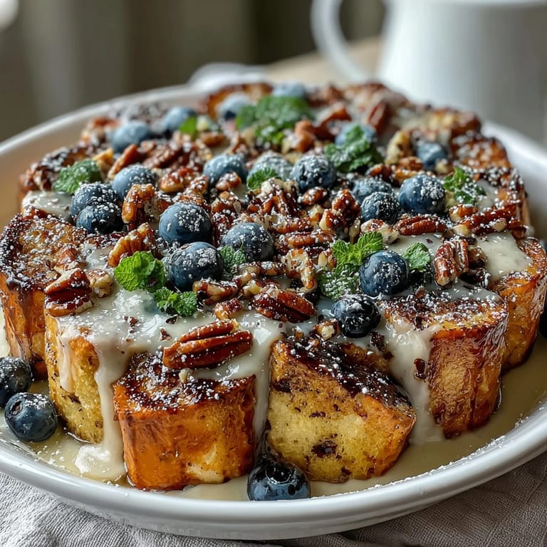 Warm blueberry French toast casserole with vanilla custard, toasted nuts, and a dusting of powdered sugar, ready to serve at your next brunch gathering.