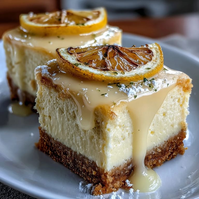 Bright and zesty limoncello cheesecake bars on buttery graham cracker crust, dusted with powdered sugar.  