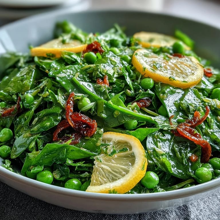 A vibrant spring salad with mixed greens, radishes, and peas, drizzled in a tangy lemon vinaigrette for a refreshing seasonal dish.