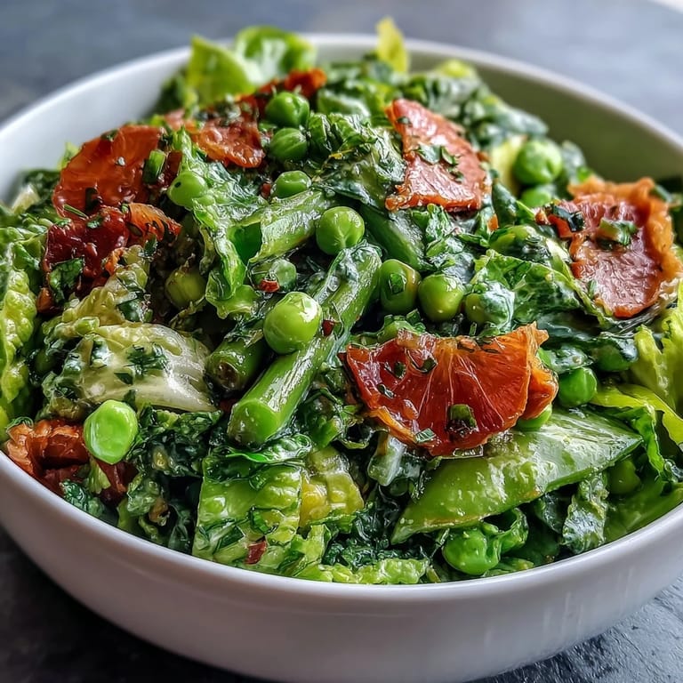 Lemon vinaigrette brightens this spring salad, combining fresh peas, radishes, and mixed greens for a light, crisp, and flavorful vegetarian meal.