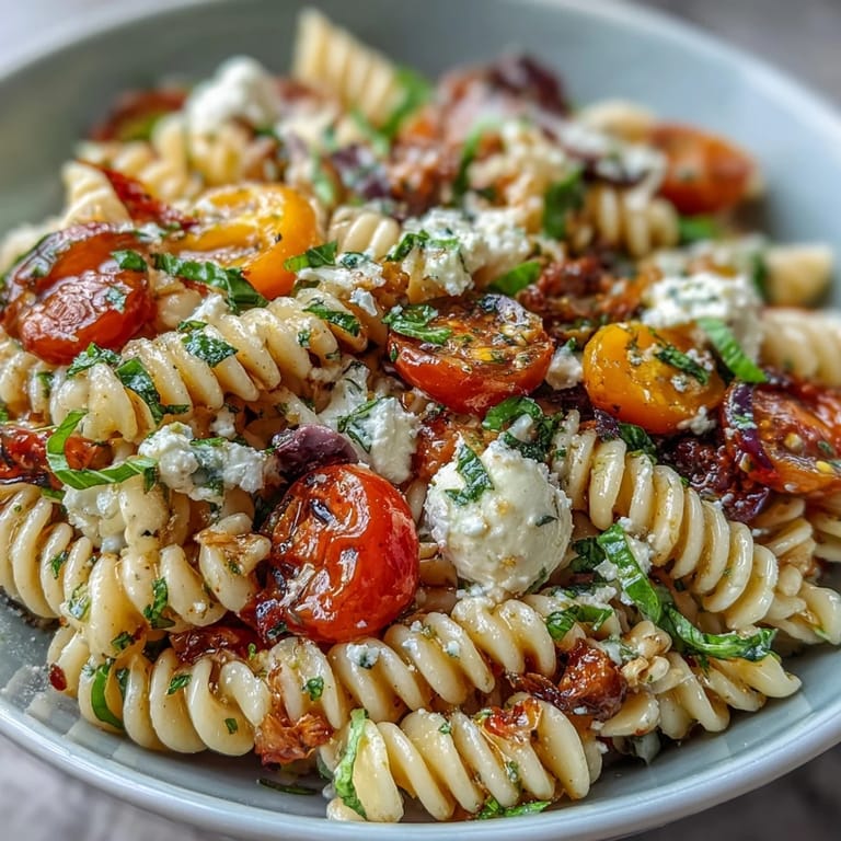 Colorful rotini pasta salad loaded with crisp veggies, mozzarella pearls, and zesty Italian dressing for a refreshing meal.