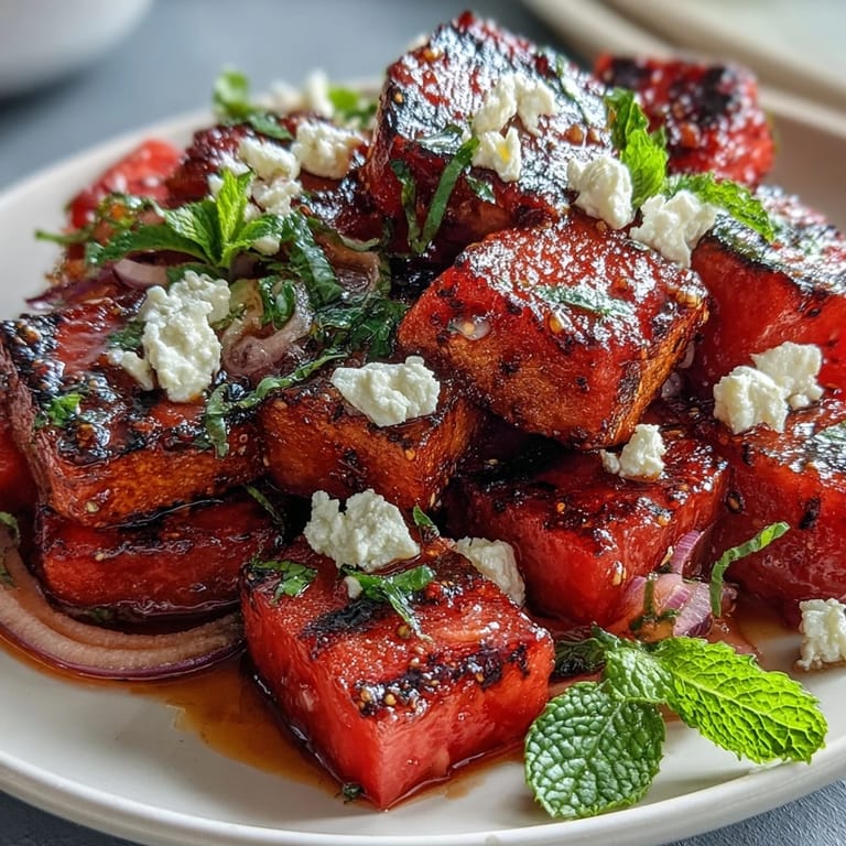 Refreshing Grilled Watermelon Salad with Feta and Mint: sweet caramelized watermelon paired with tangy cheese and vibrant herbs.  