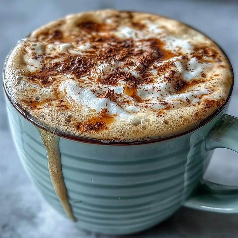 Warm dandelion tea latte with oat milk and honey, garnished with a sprinkle of cinnamon for a soothing drink.