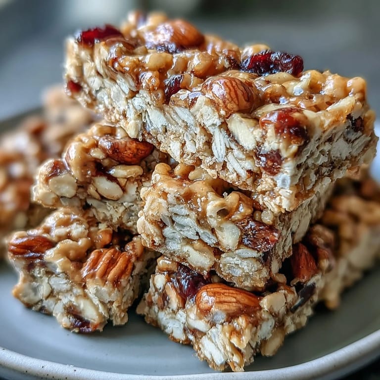 No-bake energy bars packed with rolled oats, peanut butter, and dried cranberries, ready for a nutritious on-the-go treat.