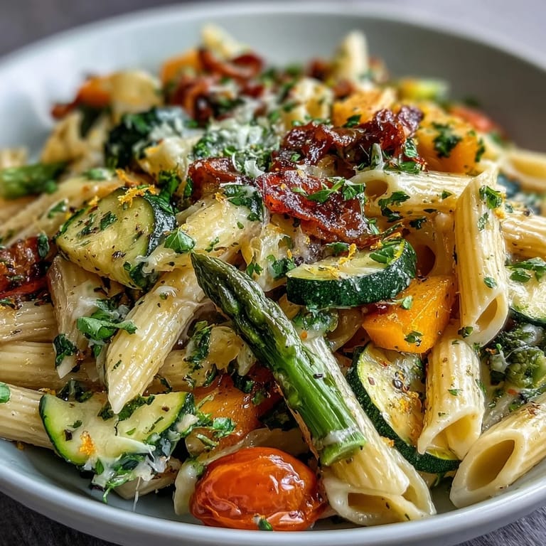 Creamy Spring Pasta Primavera with crisp asparagus, cherry tomatoes, and peas, tossed in a bright lemon-herb sauce.
