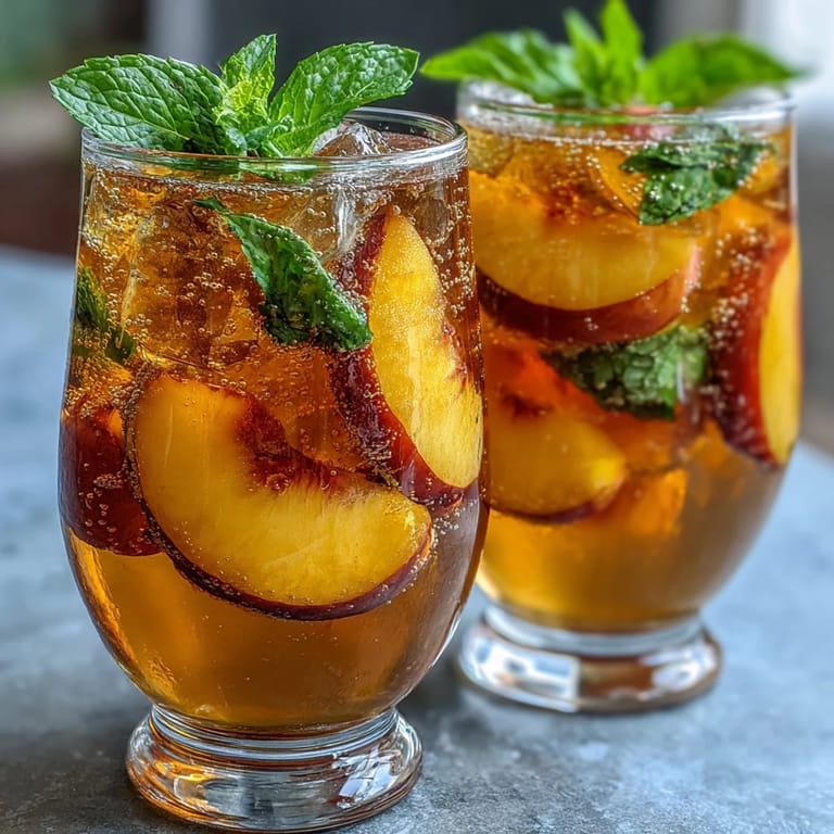 Refreshing mango peach sparkling tea with vibrant fruit puree and chilled black tea.  