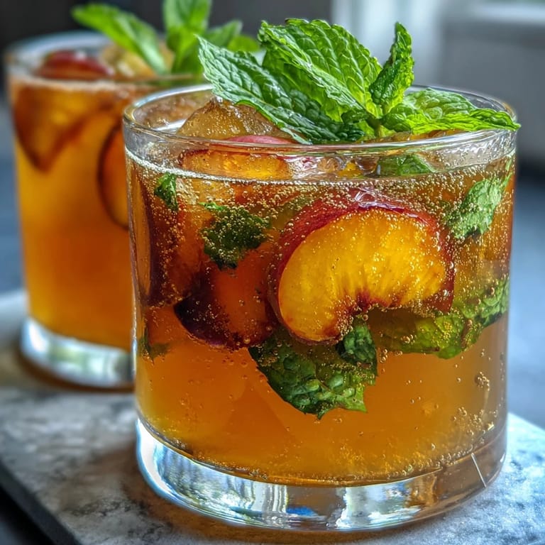 Chilled mango peach sparkling tea served over ice, topped with fresh fruit and mint.