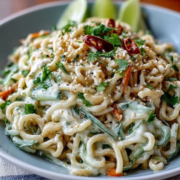 Cold Sesame Noodle Bowl with Cucumber: vibrant Asian-inspired dish featuring nutty tahini dressing, crunchy vegetables, and a sprinkle of sesame seeds.  