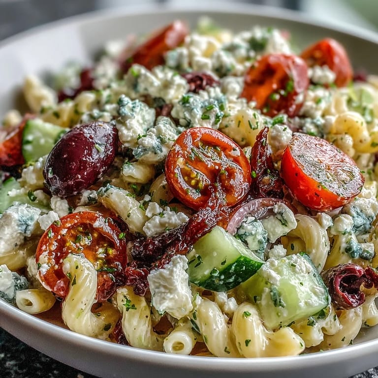Colorful summer pasta salad bursting with Mediterranean flavors, featuring juicy tomatoes, crisp cucumbers, and creamy feta cheese.