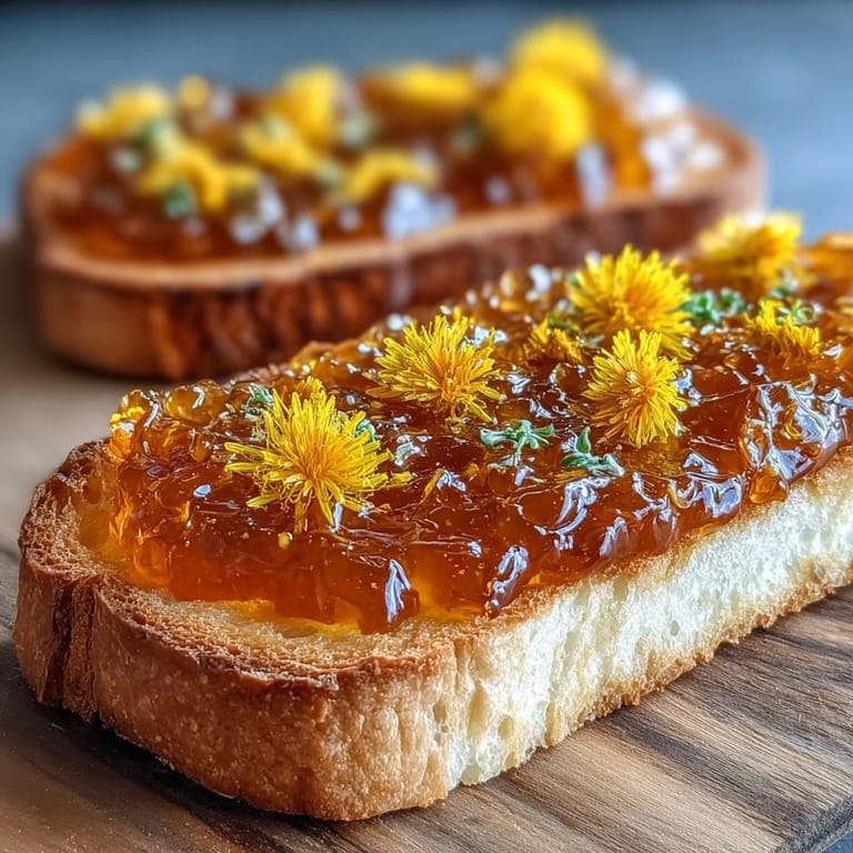 Homemade dandelion jelly jars lined up on a kitchen counter, capturing the essence of foraged flowers in a bright, golden preserve.