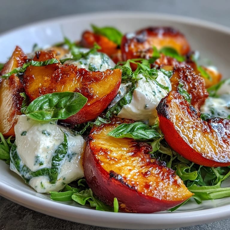 Sweet, smoky grilled peaches paired with luscious burrata cheese, drizzled with honey and balsamic glaze for a refreshing salad.