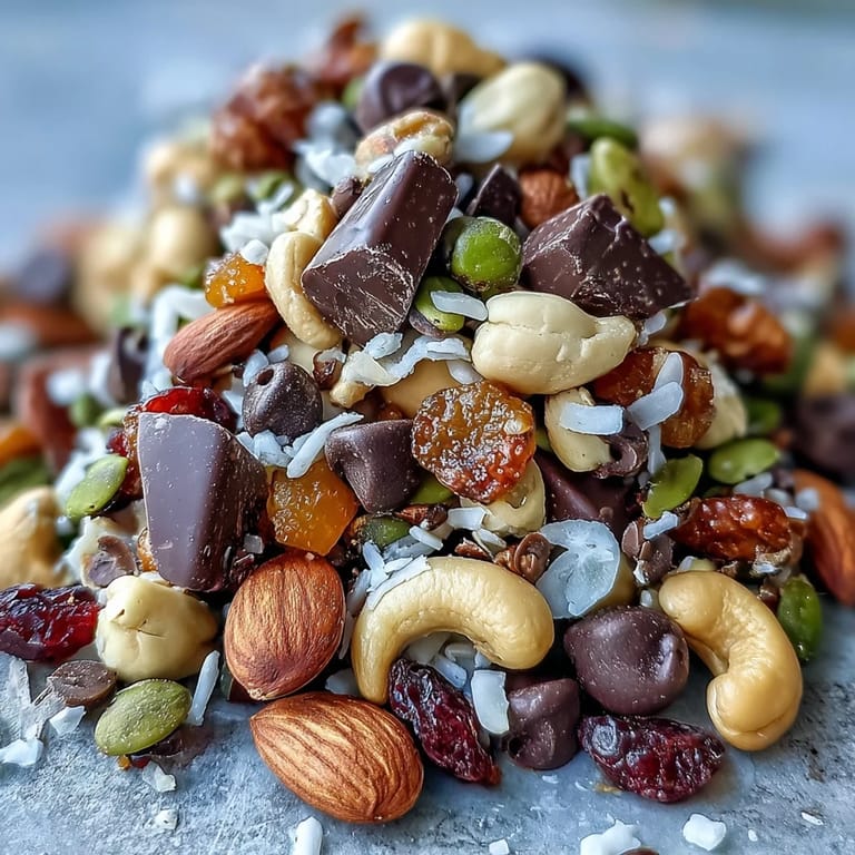 Portable homemade trail mix with dark chocolate offers a perfect blend of salty nuts, chewy fruit, and indulgent dark chocolate pieces.