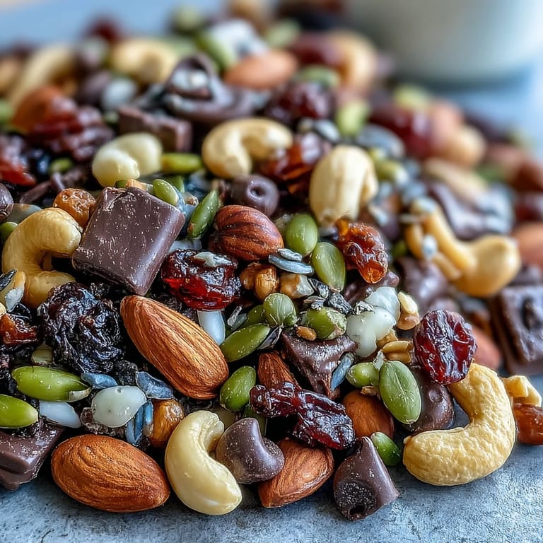 Energizing homemade trail mix with dark chocolate combines roasted nuts, sweet cranberries, and rich cocoa chunks in every handful.