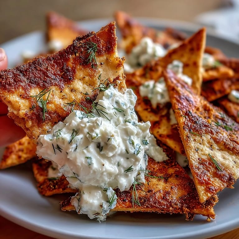Crispy, golden pita chips paired with refreshing tzatziki dip — a perfect Mediterranean snack for any gathering.