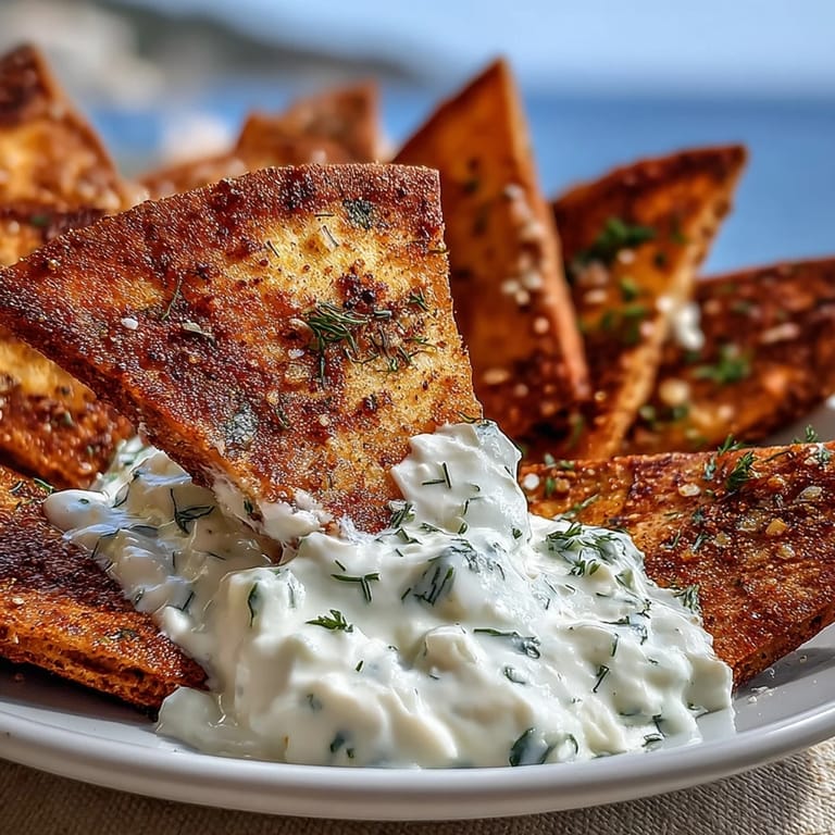 Homemade pita chips with tzatziki: crunchy triangles with a cool, garlicky yogurt-cucumber dip for a refreshing appetizer.