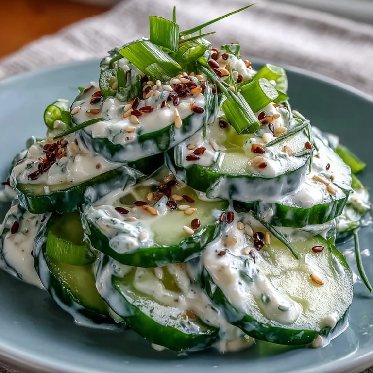 Crisp cucumbers in a creamy, tangy dressing topped with everything bagel seasoning.