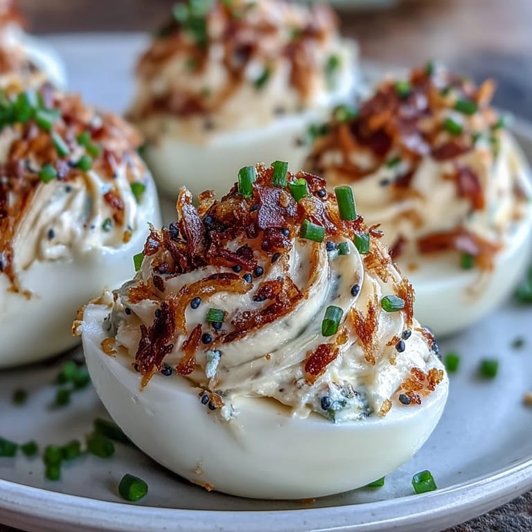 Creamy deviled eggs with everything bagel seasoning, ideal for your next party.