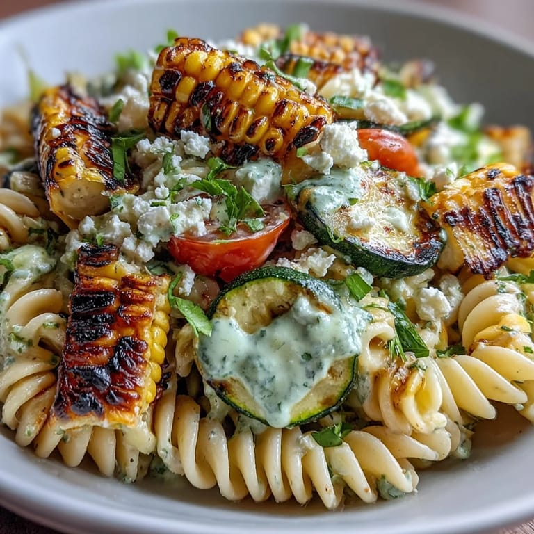 Smoky grilled zucchini and corn pasta salad, perfect for summer picnics.