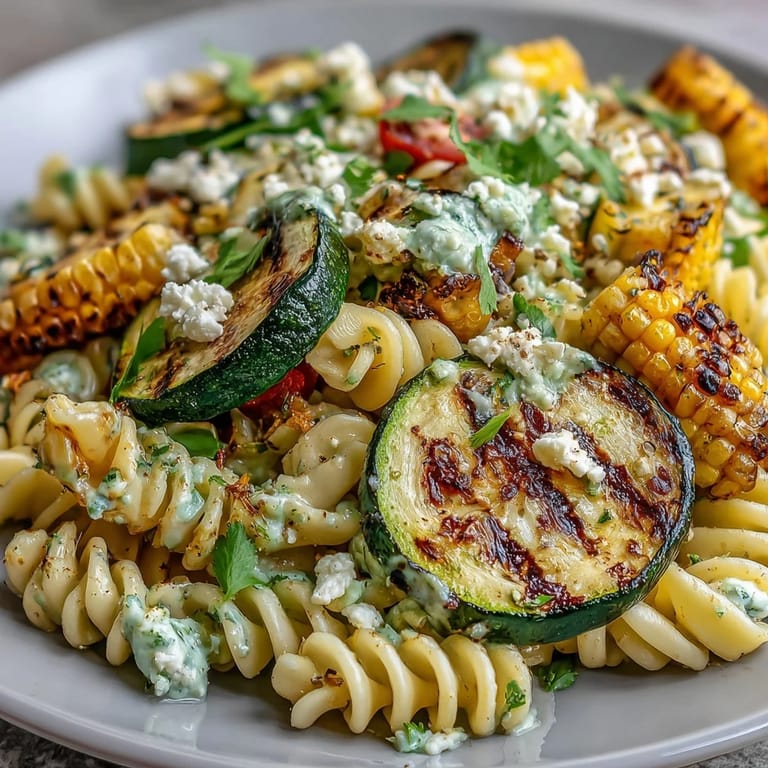 Fiesta-ready pasta salad loaded with fresh corn and crumbled Cotija cheese.