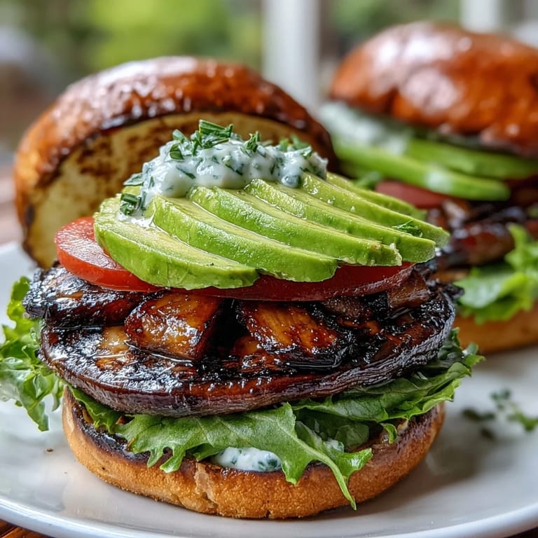Savory grilled portobello mushroom burgers with juicy toppings, perfect for summer BBQs.