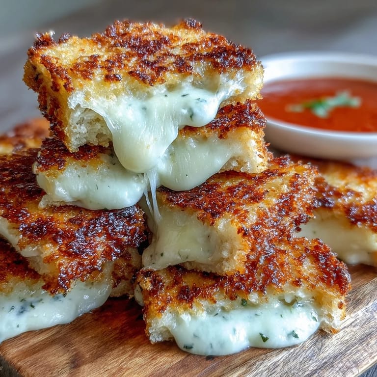 Crispy mini grilled cheese strips ready to dip into comforting tomato soup.