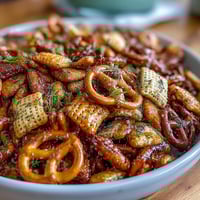 Crispy Chex mix coated in tangy dill pickle seasoning, perfect for movie nights or game day snacking.  