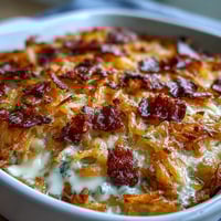 Golden cheesy hashbrown casserole with melted cheddar and creamy sauce, baked to bubbly perfection for a comforting side dish.  